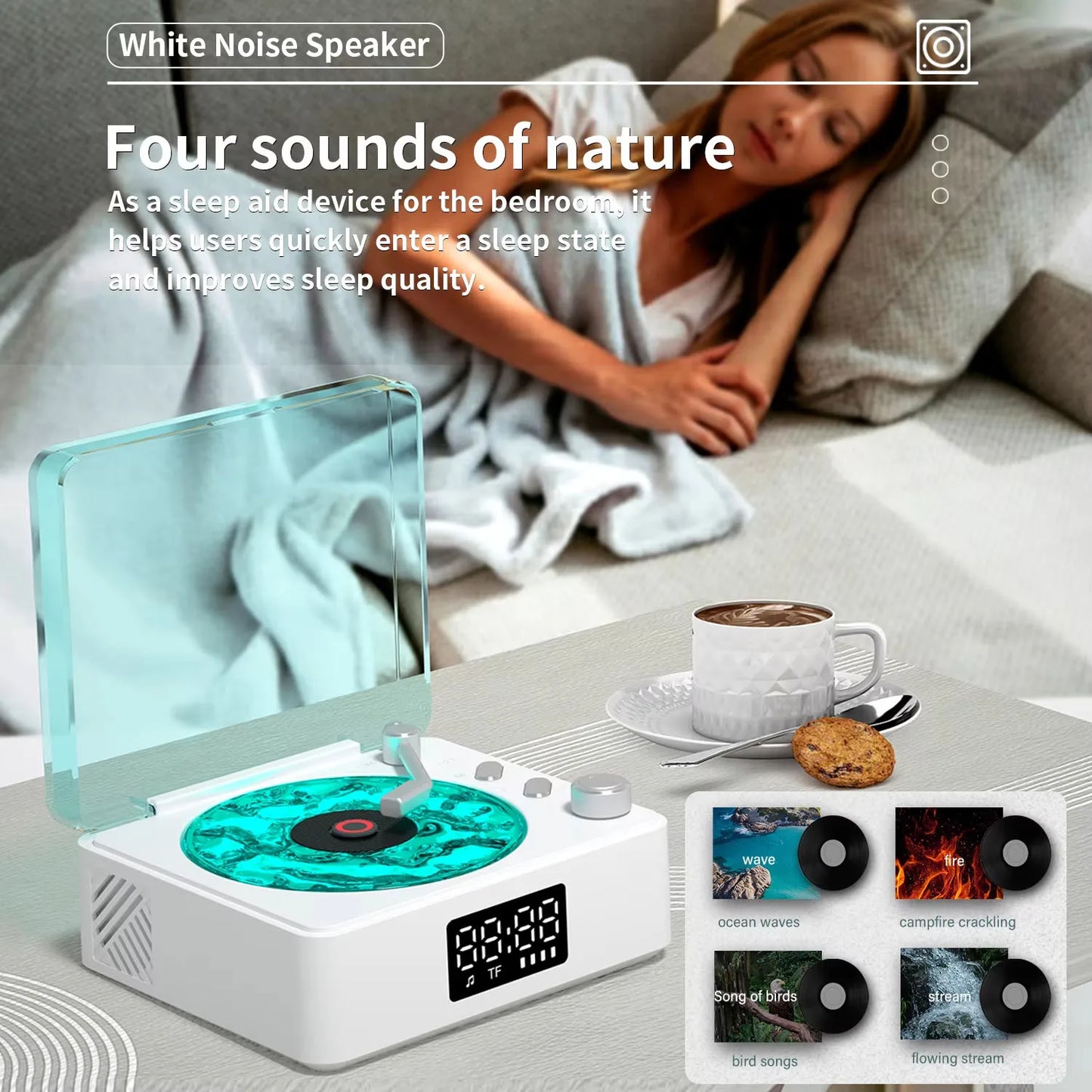 RetroWave - Altavoz giradiscos Bluetooth con RGB y ruido blanco