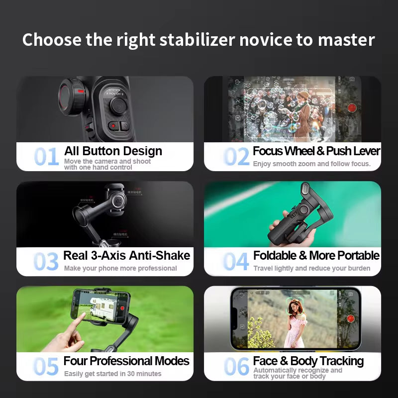 StabilPro XE: Gimbal 3 Ejes con Seguimiento Facial y Luz LED para Vlogging