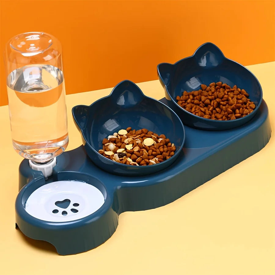 Comedero para mascotas con bebedero, diseño 3 en 1 con orejas de gato