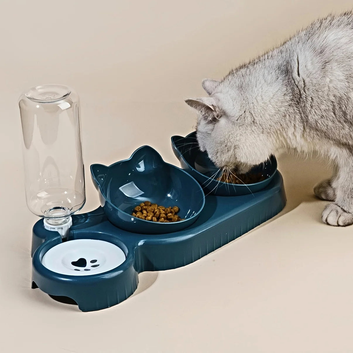 Comedero para mascotas con bebedero, diseño 3 en 1 con orejas de gato
