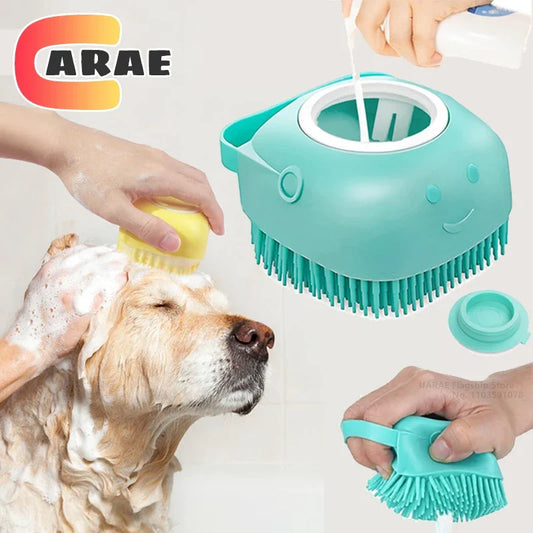 Cepillo de baño para mascotas con dispensador de champú